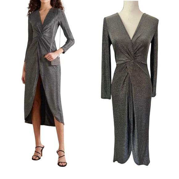 Reformation Carlyle Front Slit Knot Midi Dress XS Silver Metallic Cocktail Event - Picture 1 of 7